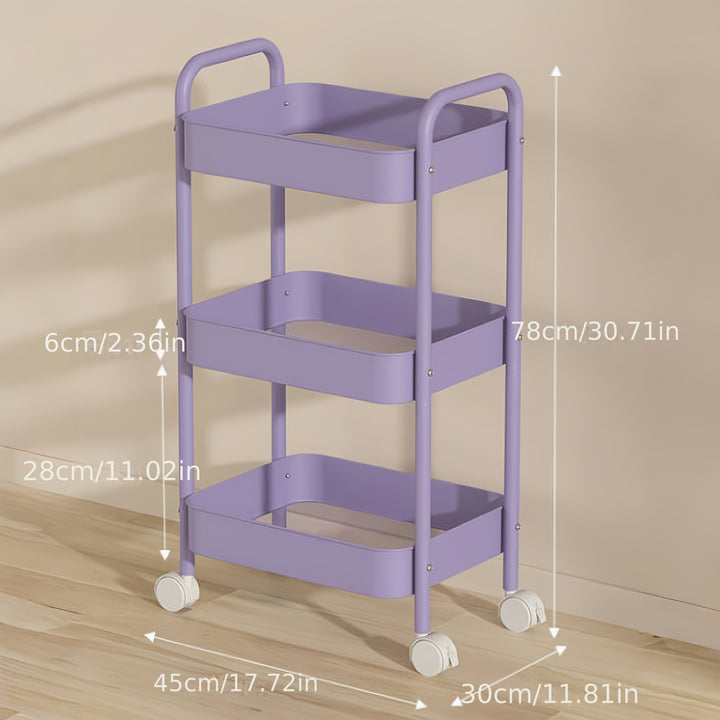Carrito de almacenamiento metálico giratorio de 3 niveles, rosa/blanco/rojo, organizador móvil duradero con ruedas para cocina, baño y dormitorio, estante compacto que ahorra espacio para alimentos, snacks y artículos de hogar, gancho de utilidad.