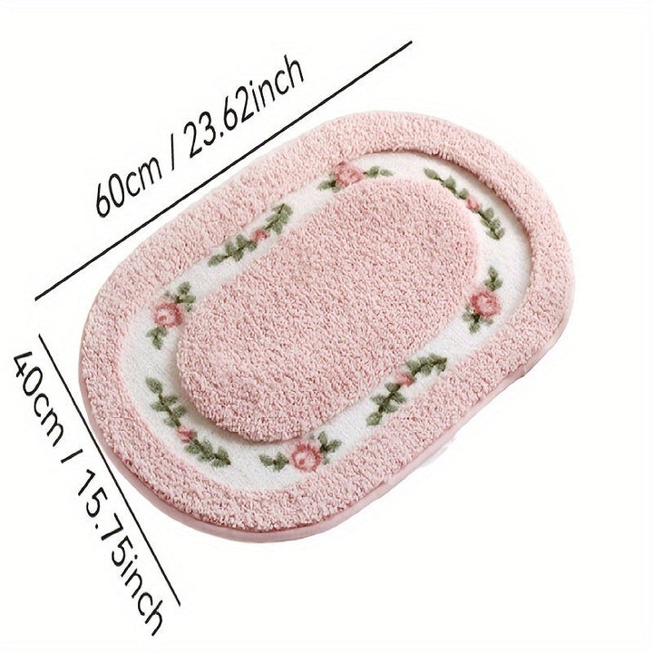 Una alfombra ovalada en la entrada, una alfombra junto a la cama cerca de la ventana salediza, una alfombra antideslizante para el baño y una alfombra absorbente para el cuarto de baño.