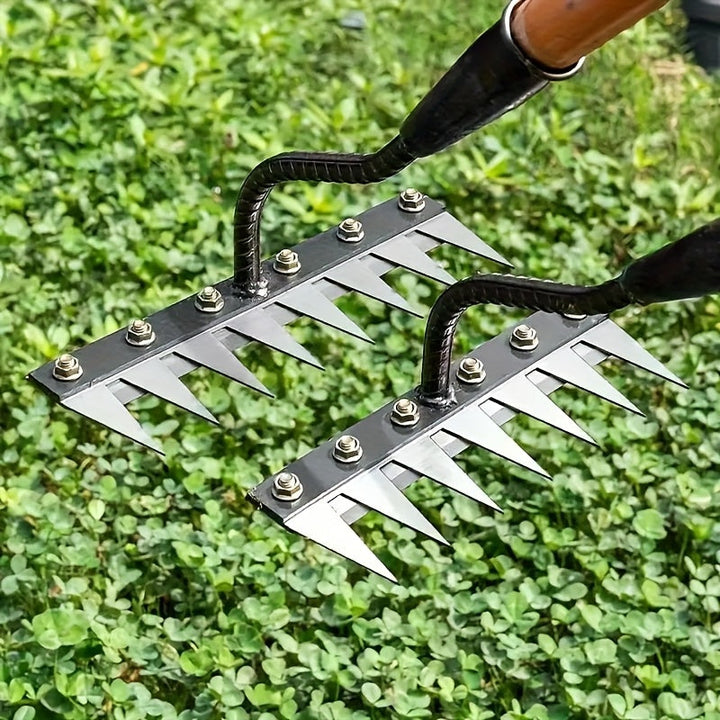 Rastrillo de Acero al Carbono Resistente - Eliminador Eficiente de Malezas y Cultivador de Suelo con Puntas Afiladas, Herramienta Manual para Jardín, Césped y Granja - Sin Necesidad de Electricidad, Fácil de Limpiar, Cabeza Desmontable, Construcción Dura