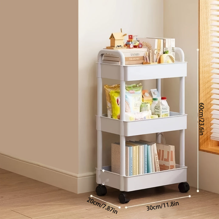 Carrito organizador de 3 niveles con ruedas fáciles de mover, marco de acero inoxidable duradero y estantes blancos de plástico, organizador multiusos para cocina, baño, dormitorio, ideal para contenedores de especias, utensilios, toallas, artículos de t