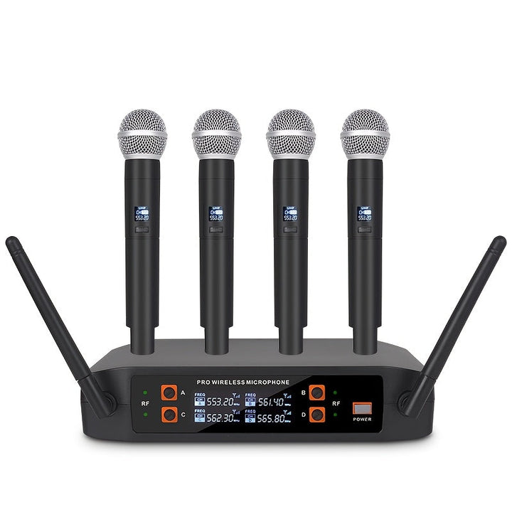 Sistema de micrófono inalámbrico NGUVMN, con cancelación de ruido (ANC), para karaoke, iglesia, DJ, frecuencia ajustable UHF, juego de 4 micrófonos portátiles, recepción de señal fuerte, alimentado por 110-130V AC, con enchufe de EE. UU., para cantar, gr