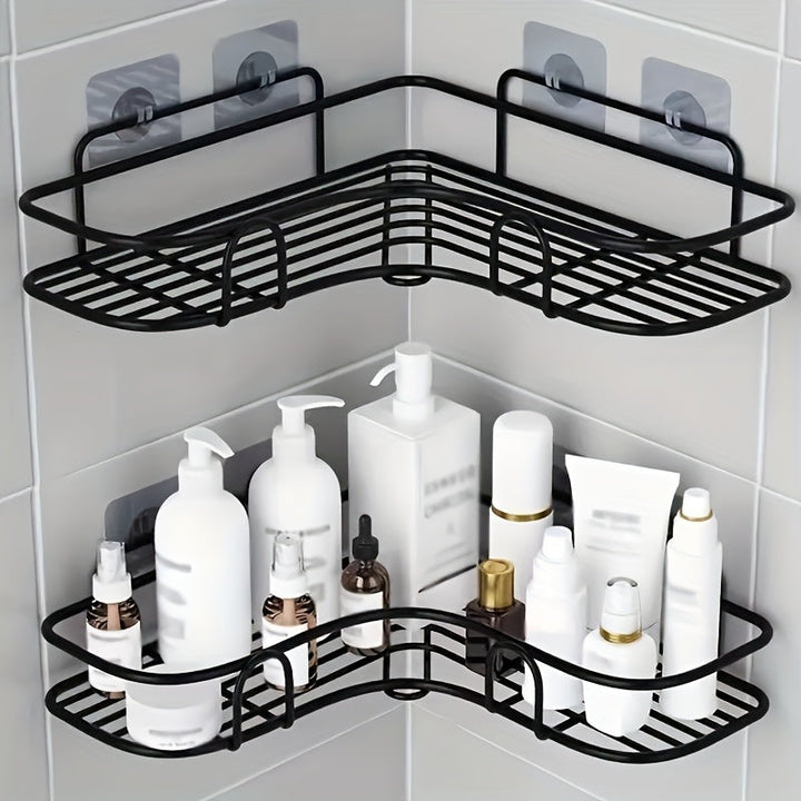 Estante de ducha de esquina de hierro fundido - Estante de almacenamiento de baño montado en la pared que no requiere taladrar, con diseño de malla de alambre de metal negro para un fácil acceso y organización, perfecto para champú, acondicionador y jabó