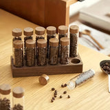 Juego de 6/12 Contenedores Multifuncionales, Frascos de Vidrio con Tapas ABS y Bases de Nogal para Café, Semillas, Miel, Especias y Aceites Esenciales - Incluye Soporte Decorativo, Ideal para Cafeterías y Cocina