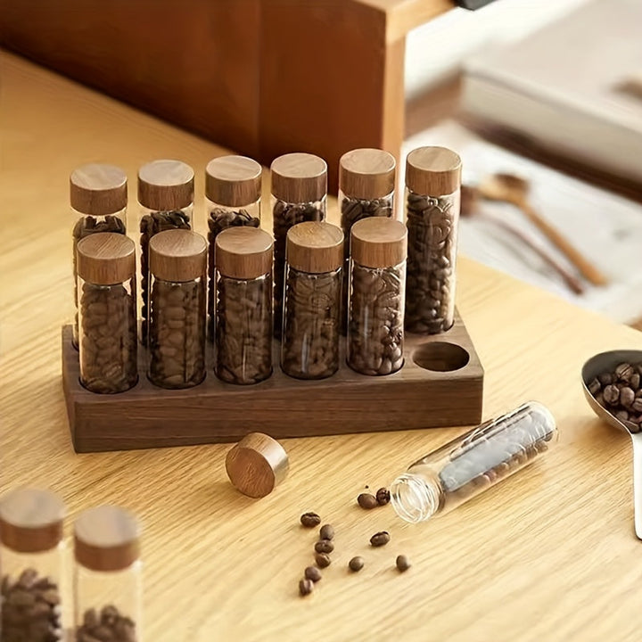 Juego de 6/12 Contenedores Multifuncionales, Frascos de Vidrio con Tapas ABS y Bases de Nogal para Café, Semillas, Miel, Especias y Aceites Esenciales - Incluye Soporte Decorativo, Ideal para Cafeterías y Cocina