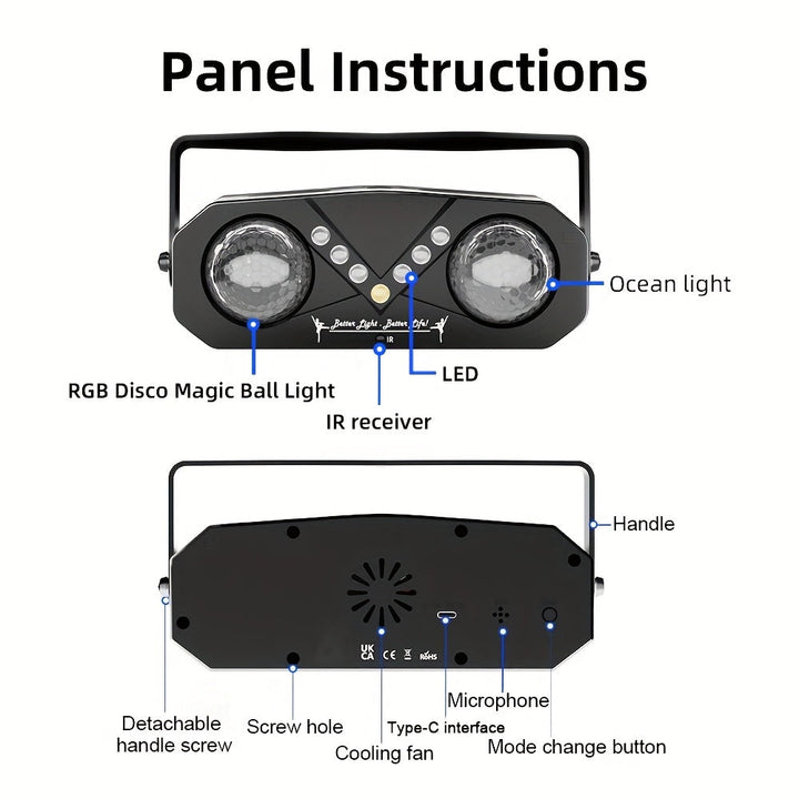 2 en 1, Pelota de disco y proyector LED, plástico ABS negro, 7 proyector de fiesta LED con sensor infrarrojo, alimentación USB, no necesita batería, ideal para uso en interiores, iluminación de fiestas | Iluminación vibrante | Plástico duradero