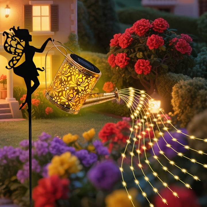 Luces solares para regar hadas - Decoración de jardín al aire libre con luces cascaderas, diseño de tetera solar de metal, perfecto para decoraciones navideñas, luces de jardín para fuera.