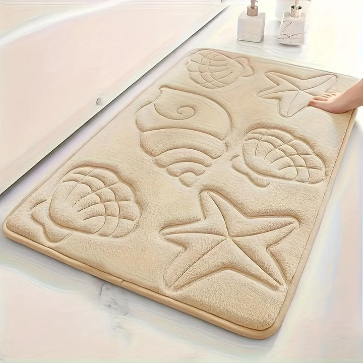 Alfombra de Baño Ultra-Suave con Estampado de Estrella de Mar y Concha - Esponja de Alta Densidad 25D, Súper Absorbente y Antideslizante, Perfecta para Bañeras, Duchas y Decoración del Hogar, Accesorios de Baño, Estampado de Alta Frecuencia, Alfombra de