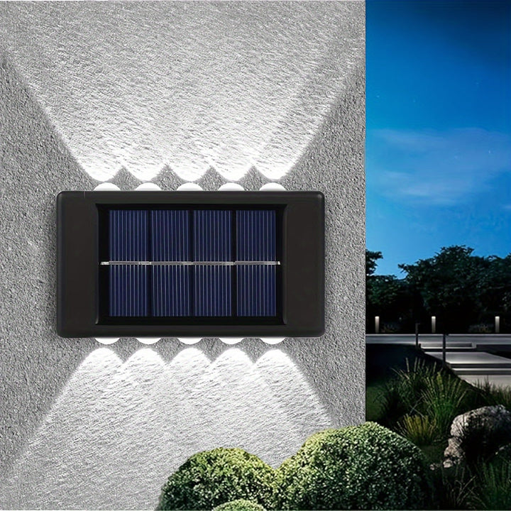 Juego de 3 luces solares para pared exterior, 10 LED arriba y abajo, carga solar, acabado cepillado eficiente, montaje semiempotrado en plástico, control con sensor de luz, batería recargable de níquel 600mAh, para iluminación de seguridad en cercas y ja