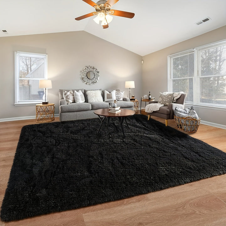 Alfombra de pelo largo negro de lujo - Ultra suave, peluche grueso de piel sintética, respaldo antideslizante, ideal para sala, dormitorio y decoración del hogar, alfombras para sala