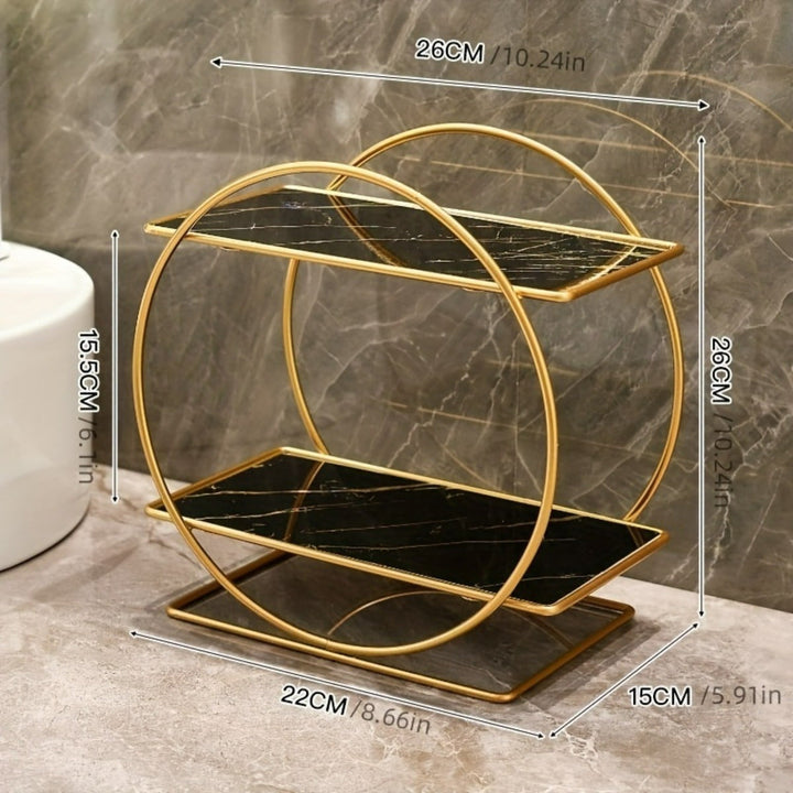 Organizador de Bandeja para Lavabo de Hierro Dorado de 2 Niveles - Estante Decorativo Circular para Tocador, Encimera o Sala - Porta Cosméticos y Perfumes Extraíble y Portátil, Organización de Encimeras, Acabado Metálico Elegante, Construcción Duradera