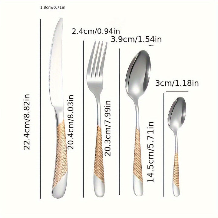 Juego de cubiertos de acero inoxidable con diseño de estrella, 24 piezas, incluye 6 cuchillos, 6 tenedores, 6 cucharas y 6 cucharitas, elegante diseño martillado, ideal para cenas familiares, fiestas, bodas o como regalo. Seguro para lavavajillas