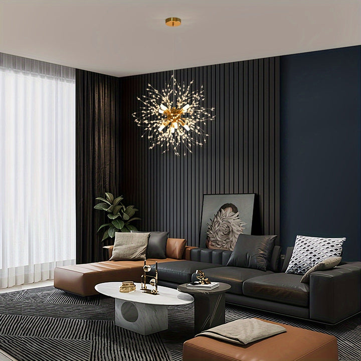 1 lámpara de cristal dorado de lujo, diseño moderno de diente de león, 8 bases para bombillas G9 - sin bombillas incluidas, cable ajustable, estructura metálica, ideal para sala, comedor, dormitorio o cocina