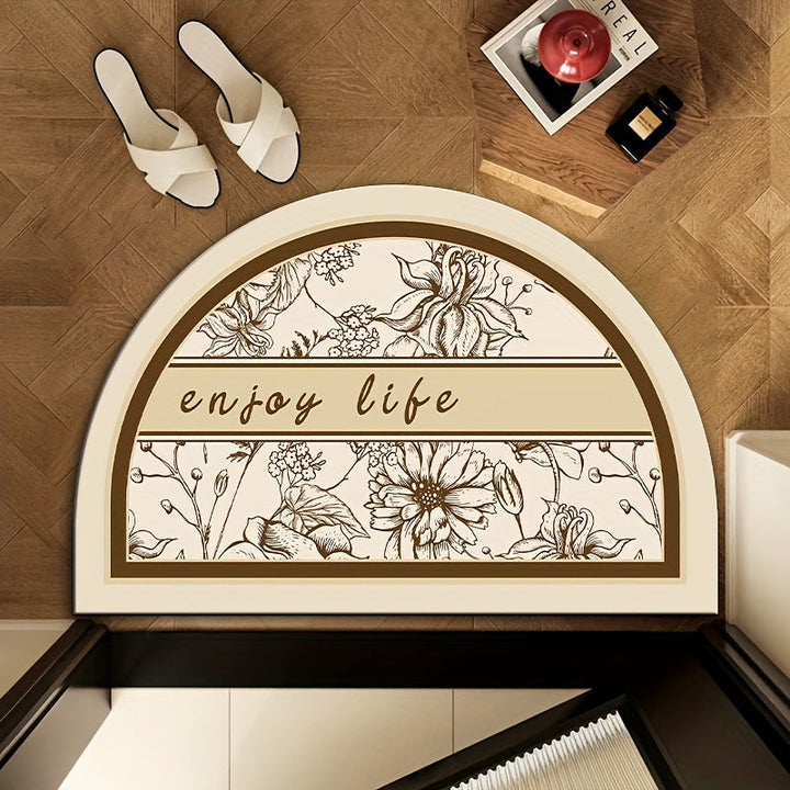 Elegante Alfombra de Baño Floral Semi-Circular - Secado Rápido, Antideslizante, Alfombra de Barro de Diatomeas con Frase Inspiradora, Suave y Duradera, Diseño en Blanco y Negro para Decoración Moderna del Hogar, Decoración de Baño