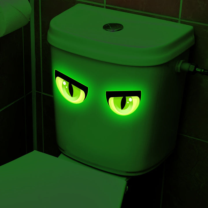 2 Piezas de Pegatinas para Inodoro que Brillan en la Oscuridad - 15*15cm Decoración para Baño y Dormitorio, PVC Autoadhesivo Impermeable, Diseño de Ojos Verdes Luminosos, Calcomanías Divertidas y Originales para Espacios Temáticos Interiores/Exteriores