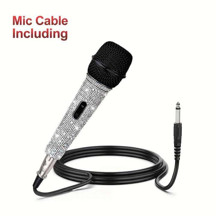 Micrófono de mano dinámico Heikuding con efecto diamante y cable XLR de 5,0 metros - Micrófono de clip de alta sensibilidad para cantar, grabar voz, actuaciones en vivo - Blanco, micrófono de canto, equipo de audio profesional, diseño metálico elegante,
