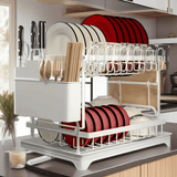 Estante de drenaje de alta resistencia: Hecho de acero de carbono de doble capa (con tablero de drenaje) | Ranura para cuchillos + soporte para cucharas y tenedores - Resistente a la herrumbre y fácil de limpiar, adecuado para todas las cuatro estaciones.