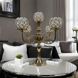 Candelabro de 5 cabezas con cristal dorado - Elegante decoración de mesa para bodas, cumpleaños y cenas románticas, accesorio de comedor romántico | Candelabro de cristal | Base metálica duradera, soporte de velas de cristal