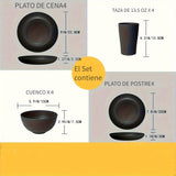 Juego de vajilla familiar premium para exteriores - 16 piezas irrompibles, aptas para microondas y lavavajillas, set negro con 8 platos, 4 tazones y 4 tazas