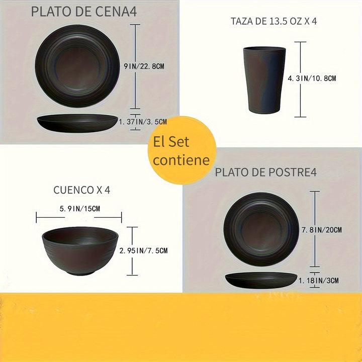 Juego de vajilla familiar premium para exteriores - 16 piezas irrompibles, aptas para microondas y lavavajillas, set negro con 8 platos, 4 tazones y 4 tazas