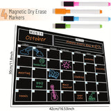 Calendario Magnético Negro Elegante y Eficiente para Nevera - 37.34 x 29.97cm Material PET, Planificador Mensual con Notas Semanales y 4 Marcadores Coloridos, Ideal para Organizar Actividades Familiares y Recordatorios