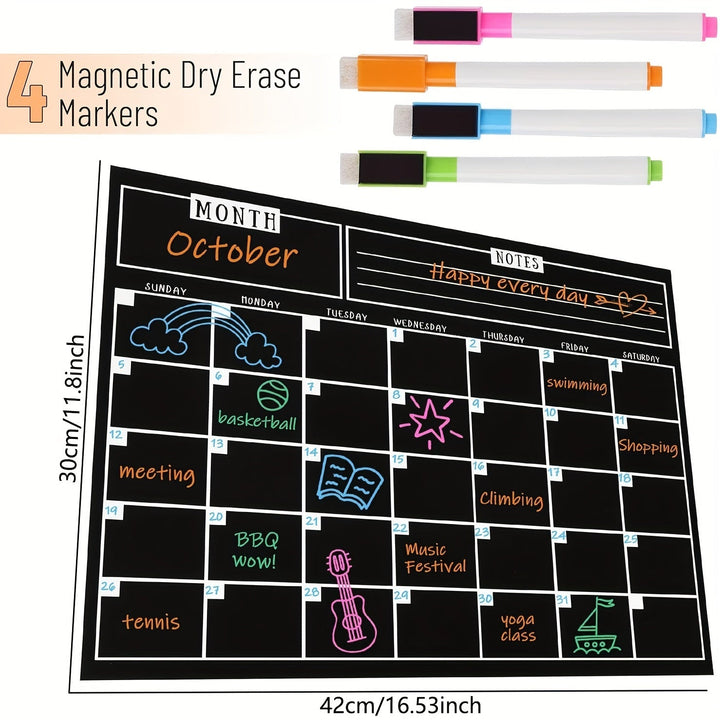 Calendario Magnético Negro Elegante y Eficiente para Nevera - 37.34 x 29.97cm Material PET, Planificador Mensual con Notas Semanales y 4 Marcadores Coloridos, Ideal para Organizar Actividades Familiares y Recordatorios