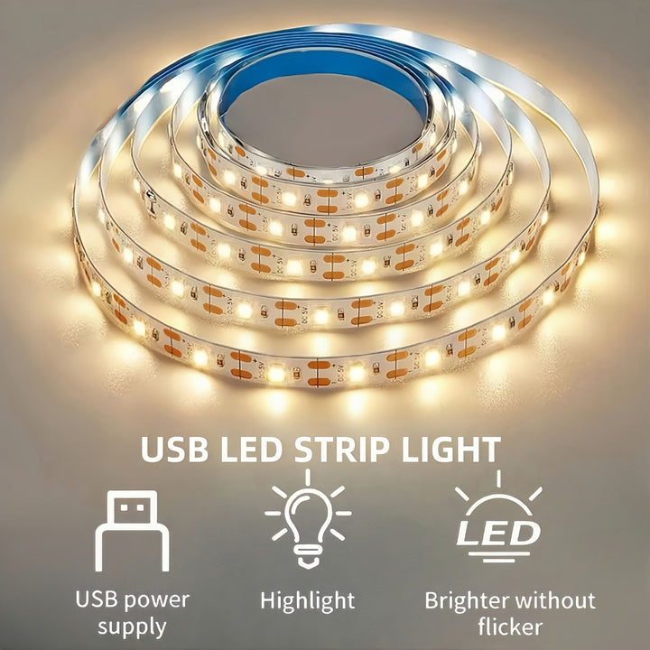 Tiras de Luz LED USB de Fácil Instalación - Alta Luminosidad, Cortables a Medida, Opciones de Blanco Cálido y Frío para Dormitorio, Cocina, Retroiluminación de TV, Flexibles, Adhesivas, Iluminación Nocturna, Decoración DIY