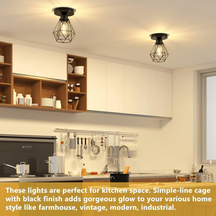 2pcs-Luz de Techo Media Incrustada, Luz de Techo de Pasillo Negra, Araña de Metal Estilo Granja, Luz de Techo Moderna para Cocina, Porche y Dormitorio