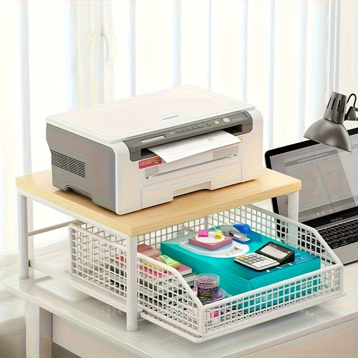 Organizador de Oficina Moderno con 1/2 Cajones - Estante de Madera Sólida y Metal Ahorrador de Espacio, para Impresoras, Electrónicos y Utensilios - Diseño Independiente, Fácil Montaje, Sin Necesidad de Energía