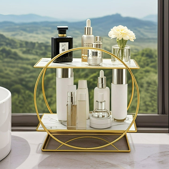 Organizador de Bandeja para Lavabo de Hierro Dorado de 2 Niveles - Estante Decorativo Circular para Tocador, Encimera o Sala - Porta Cosméticos y Perfumes Extraíble y Portátil, Organización de Encimeras, Acabado Metálico Elegante, Construcción Duradera