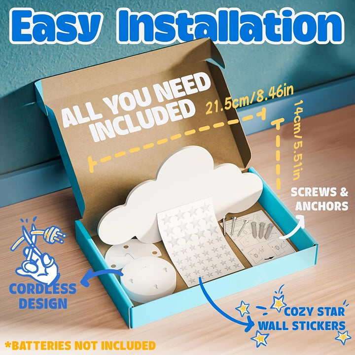 1pc Lámpara de Pared Flotante Nube - Luz Nocturna Metálica con Batería y LED Blanco Cálido, Decoración de Estrella y Luna para Guardería, Habitación Infantil, Baby Shower - Luz de Nube de Dibujos Animados Artística, Sin Necesidad de Enchufe, Idea de Rega