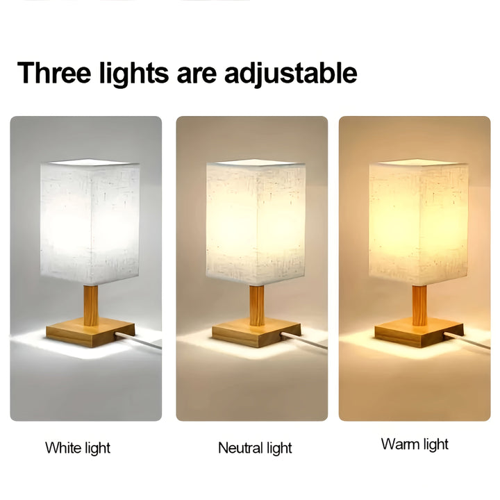 Lámpara cuadrada de base de madera moderna con pantalla de tela - Alimentada por USB, brillo ajustable, patrón geométrico, perfecta para el hogar, bar, hostal y restaurante, lámpara de mesa.