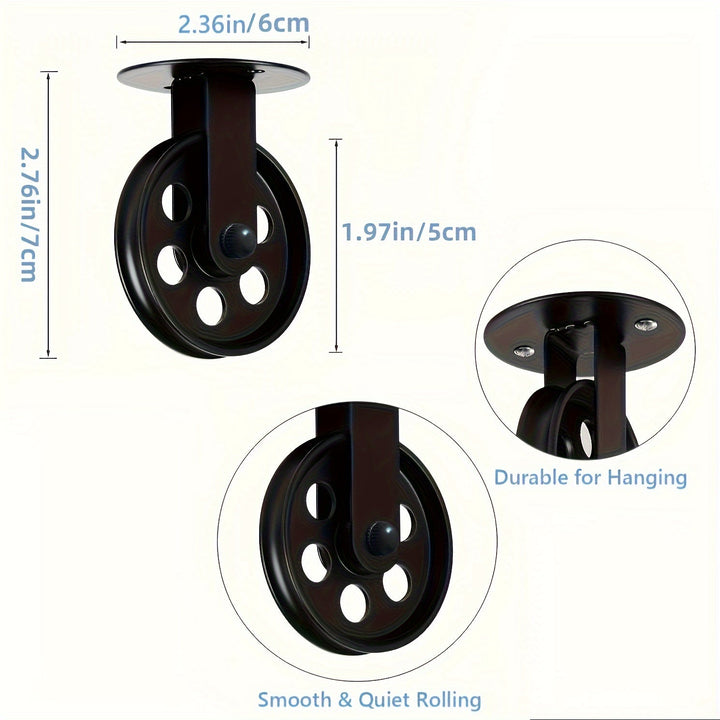 Un conjunto de 2 poleas negras de 2 pulgadas, 2 para luces de araña, diseñadas para poleas de pared vintage para luces de crecimiento de plantas en un gazebo industrial rústico.