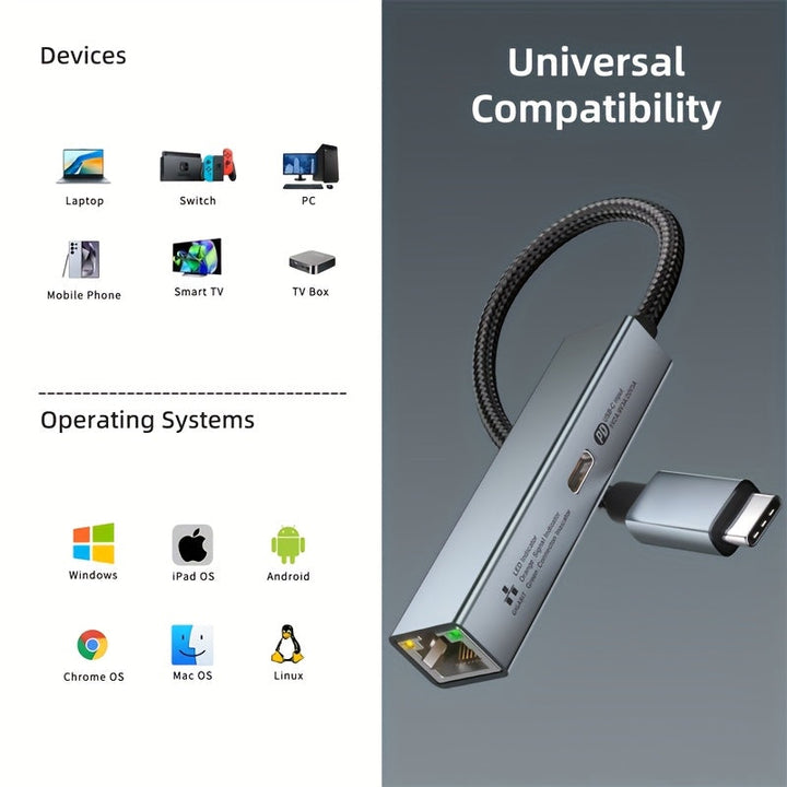 Adaptador USB C a Ethernet con Puerto de Carga [60W], Thunderbolt 3 y LAN Gigabit (1000Mbps) - Compatible con MacBook Pro/Air, iPhone 15, iPad, Dell XPS, Chromebook, Google TV, Conexión Versátil, Acabado Metálico Elegante, Diseño Compacto, Alta Velocidad