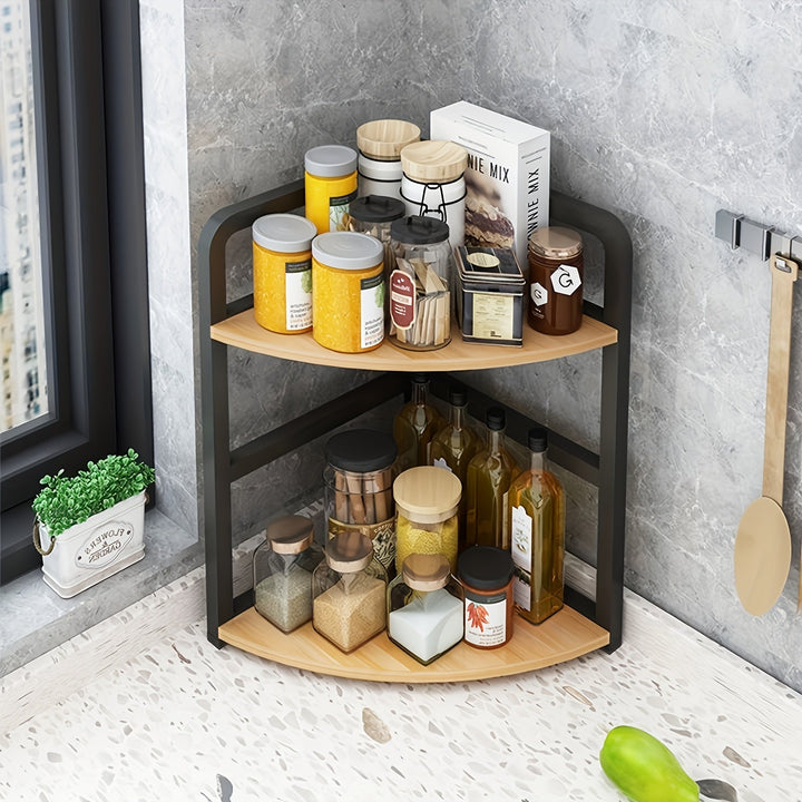 Organizador de Especias de Cocina de 2 Niveles en Acero Inoxidable y Madera Sólida - Estantería Abierta Independiente para Encimera, Rincón o Despensa - Diseño Clásico, Sin Montaje Necesario, Unidad de Almacenamiento para Cocina, Estante de Esquina, Cons