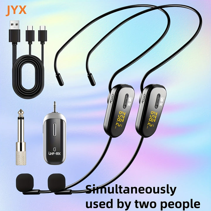 Microfono sin varillas JYX U-210 Más Vendido para 2 Personas con Amplificador de Voz, Adecuado para Actuaciones en Escenario, Enseñanza, Entrenamiento, Yoga, Discursos, Karaoke y Charlas, Carga USB