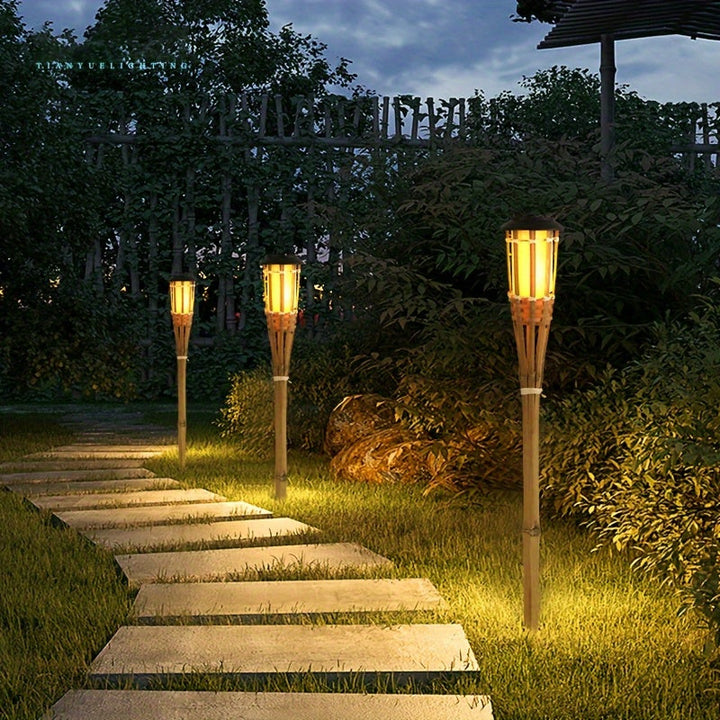 1pc Lámpara Solar de Estilo Bambú con Efecto de Llama Cálida, Encendido/Apagado Automático, Luz Duradera para Jardín Exterior, Decoración de Patio y Caminos, Diseño Imitación de Llama, Luces Solares para Exteriores