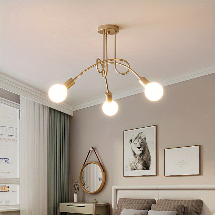 1 pieza de luz de techo dorada, luz de techo de tubo curvado de tres cabezas, adecuada para sala de estar, dormitorio, estudio, cocina, oficina, hotel (base de bombilla E26 - bombilla no incluida)