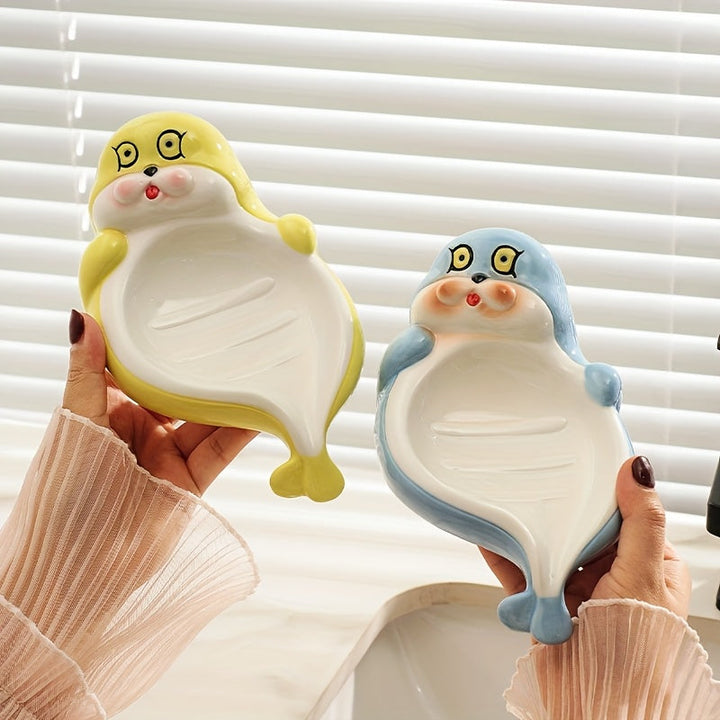 Caja de Jabón con Diseño de Foca de Dibujos Animados (1 pieza) - Soporte para Jabón Cerámico con Desagüe, Diseño Rectangular Lindo para Baño o Encimera del Inodoro, Estantes Creativos para Uso Doméstico