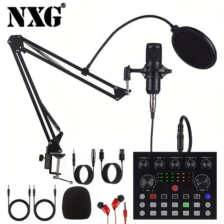 Kit de Interfaz de Audio NXG - Tarjeta de sonido profesional todo en uno con micrófono condensador, batería recargable, control de volumen y soporte: ideal para grabación de alta calidad, transmisión en vivo, streaming, juegos y karaoke