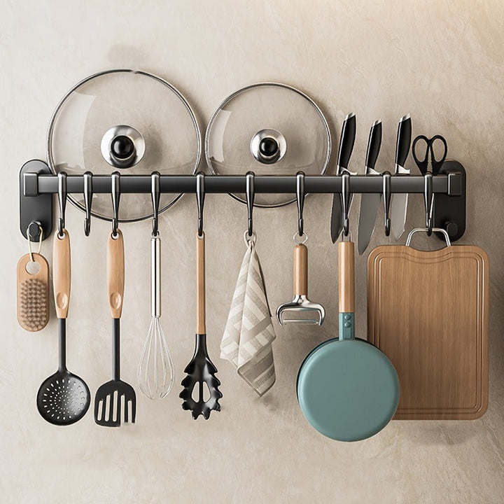 Organizador de Cocina de Acero al Carbono Negro que Ahorra Espacio - Diseño Elegante de Montaje en Pared para Utensilios, Cuchillos y Especias | Fácil Instalación con Adhesivo o Tornillos, No Necesita Tubo Metálico, Accesorios de Cocina, Estante de Pie