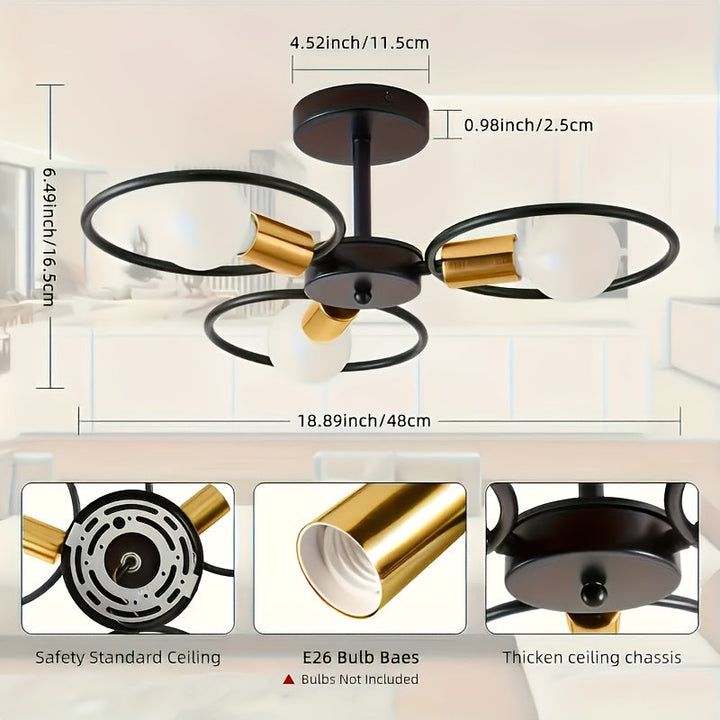 1 pieza de lámpara de techo industrial retro moderna - Montaje semienterrado con 3 bases de bombilla E26, fácil de instalar, adecuada para pasillos, cocinas, dormitorios, salas de estar, villas, hoteles y otros iluminados comerciales (bombillas no inclui