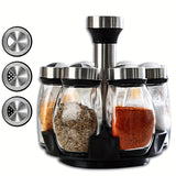 Organizador de especias giratorio 360°, juego de 6/12 frascos con acabado metálico pulido y recipientes de vidrio para rellenar especias, ideal para cocina, alacena o mostrador