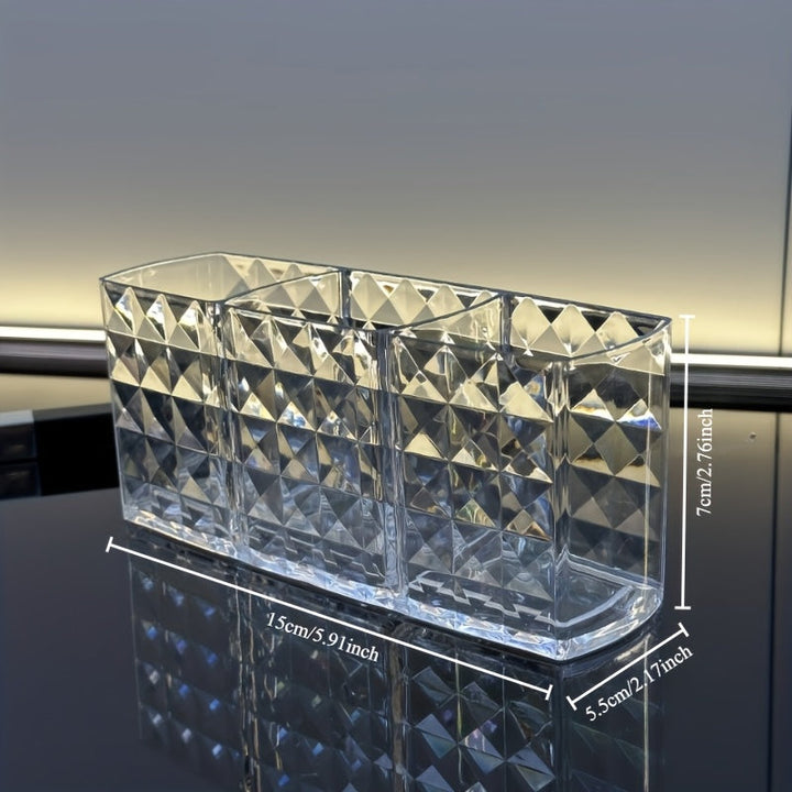 1pc Soporte de cepillo de maquillaje de acrílico de lujo - Organizador de cosméticos de 3 compartimentos, estuche de exhibición de mostrador, plástico ligero, no requiere energía, solución de almacenamiento independiente y elegante
