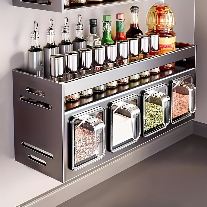 1pc Set de almacenamiento de especias para montaje en pared - Aluminio duradero, instalación sin taladro, incluye contenedores y frascos para cocina y comedor, acabado pulido, frasco de especias