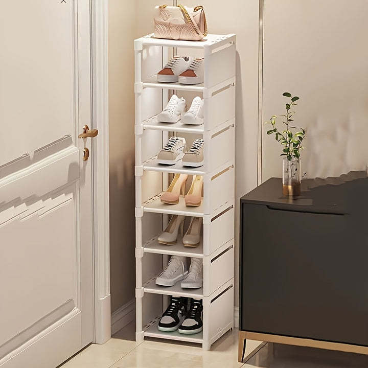 Organizador de zapatos blanco de varios niveles, diseño vertical ahorrador de espacio, compartimientos abiertos, fácil de armar, ideal para entrada, sala, habitación o cocina, estante blanco moderno, barras de soporte metálicas, práctico y funcional