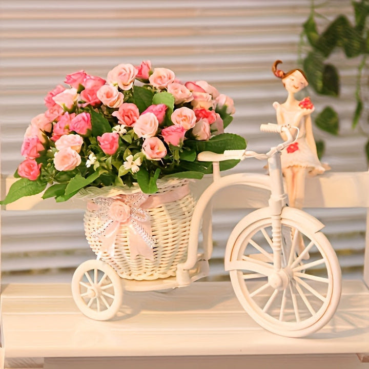 1 Macetero Elegante de Bicicleta Blanca con Cesta de Enredadera Rosa - Decoración Plástica Estilosa para Hogar, Ideal para Sala, Escritorio o Librería | Perfecto para Supermercados y Ramos, Adorno de Bicicleta