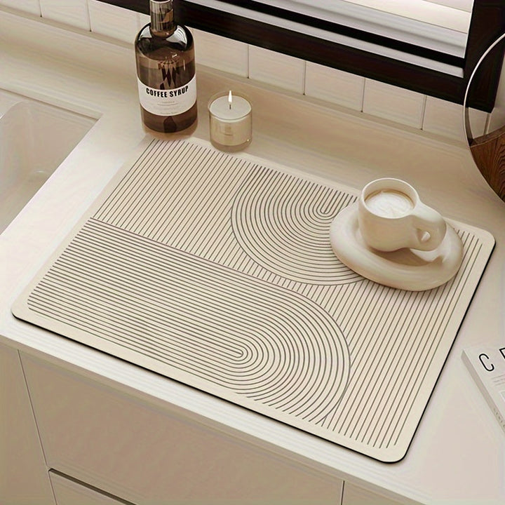 1 pieza de Tapete para Platos Moderno y Minimalista de Secado Rápido - Goma para Encimeras de Cocina, Máquinas de Café y Bares - Absorbente con Diseño Elegante de Línea Blanca, Accesorio para Estación de Café | Diseño de Líneas Elegantes