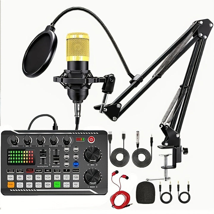 Kit de equipo de podcast, micrófono de condensador BM800 con cable y soporte, mezclador de sonido en vivo profesional F998 para grabar voces/voces en vivo/podcast/juegos en el estudio.