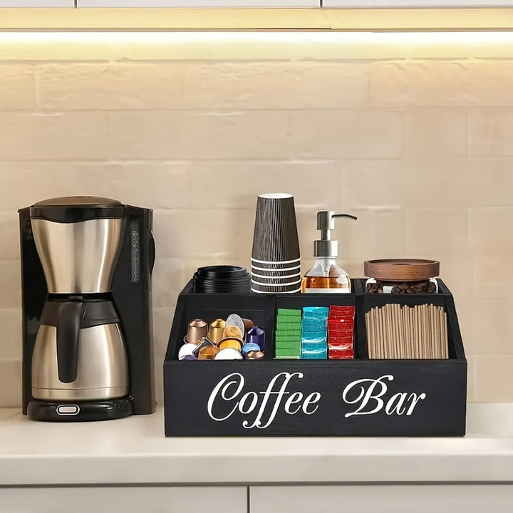 1pc Clásico Organizador de Barra de Café de Madera, Almacenamiento de Múltiples Compartimentos para Accesorios de Café, Condimentos y Cápsulas, Canastas de Estantería