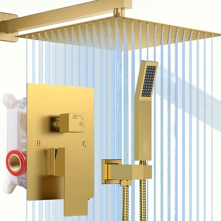 Conjunto de Ducha con Cabezal de Lluvia y Rociador Manual, Grifo de Alta Presión para Ducha Incluye Válvula de Montaje Interno y Moldura Decorativa en Color Dorado Pulido 30.48 cm